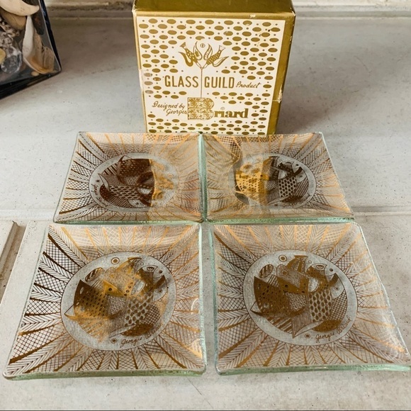 Mid Century Georges Briard Gold Etched Boxed Glass Plate Set | Set of 4 | Birds - Picture 1 of 8